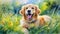 Watercolor painting, majestic and energetic golden retriever sits in a picturesque clearing decorated with bright and