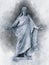 Watercolor painting of medieval church Statue of Jesus Christ with hands outstretched