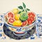 Watercolor painting of mix fruits, citrus fruits in a retro antique bowl, slices oranges and limes.