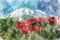 Watercolor painting of Mount Damavand and red poppy flowers