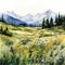 Watercolor Painting Of Mountain Meadow In Intricate Landscape Style