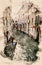 Watercolor painting of narrow canal in Venice, Italy, with gondola and old houses