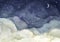 Watercolor painting of night sky with crescent moon and shining stars