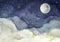 Watercolor painting of night sky with full moon and shining stars