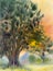 Watercolor painting original landscape colorful of A large tree