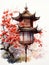 A watercolor painting of a pagoda and a tree