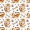 Watercolor painting pattern with cartoon tiger cubs, paw prints and lettering grrr.