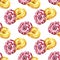 Watercolor painting pattern donuts in glaze. Seamless repeating sweet food print.