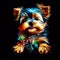 Watercolor painting playful, energetic Yorkshire Terrier puppy. Dark background with splashes of vibrant colors brush strokes,