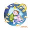 Watercolor painting print children`s illustration with a child in the diaper, the baby is sleeping on the pillow, around the stars