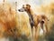 Watercolor painting of a rare and majestic Azawakh dog breed, gracefully standing in a serene meadow.