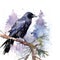 Watercolor painting of a raven sitting in a tree limb in the wilderness. Generative AI