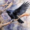 Watercolor painting of a raven sitting in a tree limb in the wilderness. Generative AI