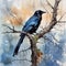 Watercolor painting of a raven sitting in a tree limb in the wilderness. Generative AI