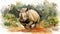Watercolor painting of rhino running in the wild, AI