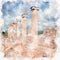 Watercolor painting of ruined walls and columns in the house of theseus in paphos cyprus with the historic lighthouse in the