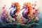 Watercolor painting of seahorses on the water, abstract background AI Generated Generative AI