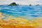 Watercolor painting seascape colorful of ocean beach wave, mountain