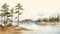 Watercolor Painting: Serene Archipelago Sketch With Pine Trees Along Water