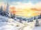 watercolor painting of serene snow-covered landscape