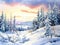 watercolor painting of serene snow-covered landscape