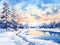 watercolor painting of serene snow-covered landscape