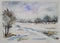 Watercolor painting showing Snow covering the fields, trees and cloudy sky.