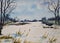 Watercolor painting showing Snow covering the fields, trees and cloudy sky.