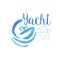 Watercolor painting with silhouette of boat and waves. Original blue emblem for yacht club. Concept of marine travel and