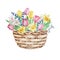 Watercolor painting spring flowers, wicker basket with tulips