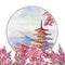 Watercolor painting spring with landmarks in Japan