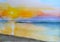 Watercolor painting sunset on the beach hand-painted landscape