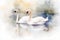 Watercolor painting of surrounding the lake with a pair of white geese
