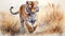 Watercolor painting: tiger gracefully walks in tall grass on beige