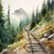 Watercolor Painting Of Train Tracks Through Pine Forest