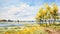 Watercolor Painting Of Tranquil Country Landscape With Yellow Trees And Blue Waters