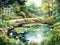 watercolor painting of a tranquil garden pond