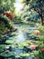 watercolor painting of a tranquil garden pond