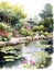 watercolor painting of a tranquil garden pond