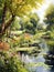 watercolor painting of a tranquil garden pond