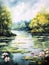watercolor painting of a tranquil river