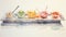 A watercolor painting of a tray with different types of food, AI