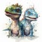 Watercolor painting of a two cute baby love dinosaur on white background. Al generated