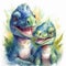 Watercolor painting of a two cute baby love dinosaur on white background. Al generated