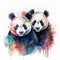 Watercolor painting of two pandas in love hugging on white background. Al generated
