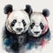 Watercolor painting of two pandas in love hugging on white background. Al generated