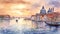 watercolor painting of venice city of italy at sunset background