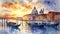 watercolor painting of venice city of italy at sunset background