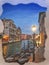 Watercolor painting of a venice street at night canal with illuminated buildings and lamplight reflected in the water