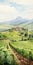 Watercolor Painting Of A Vineyard In The Countryside With Hills